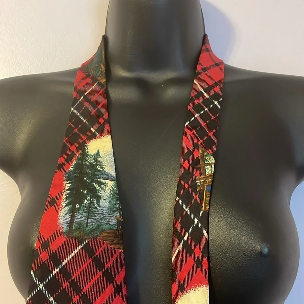Structure Silk Italian Fabric Vintage Red Plaid Cabin in Woods Necktie Tie